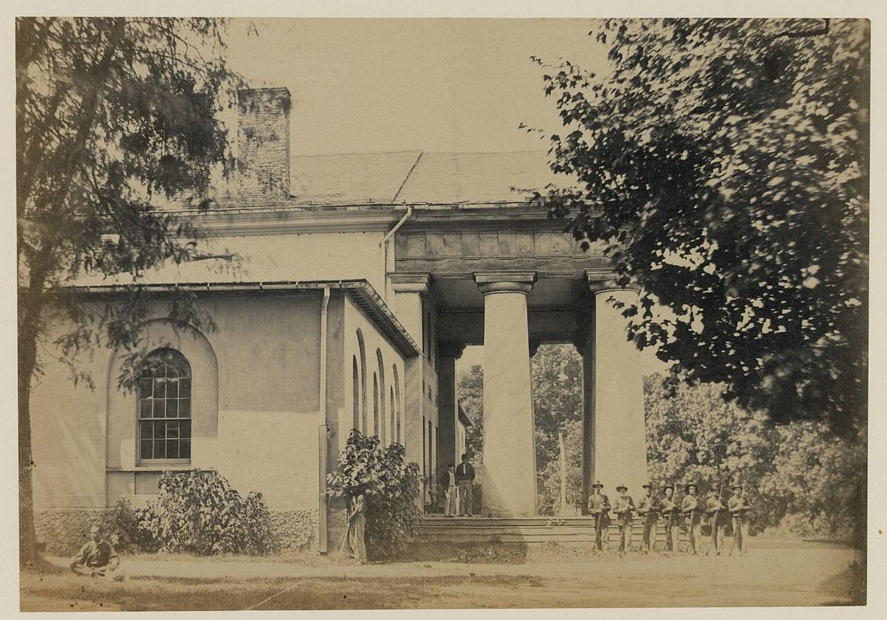 Union soldiers in front of Arlington House, 1864