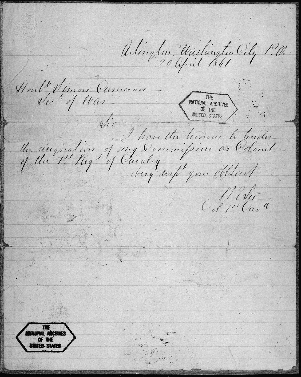 Handwritten resignation letter of Robert E. Lee