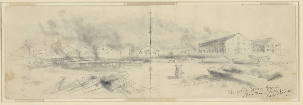 Alfred Waud sketch of the ruined Norfolk Navy Yard