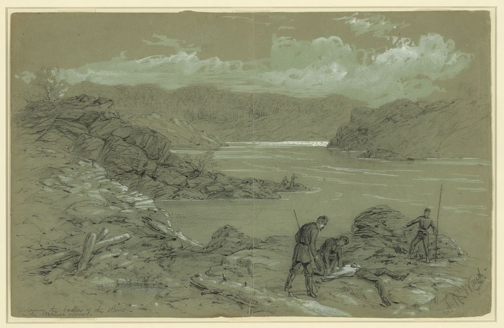 Waud sketch of soldiers recovering bodies from the Potomac