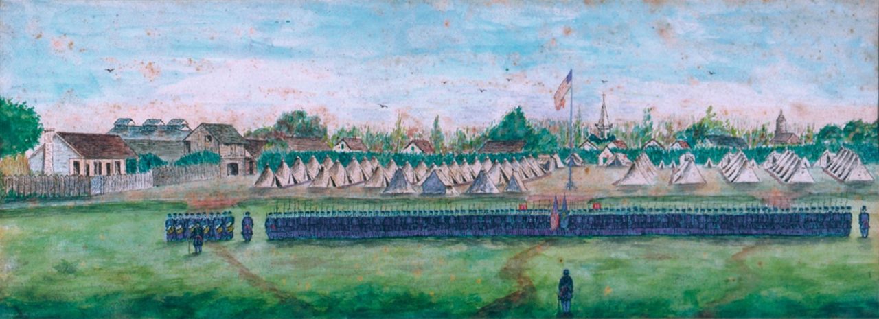 Camp of the 13th Connecticut at Thibodeaux, Louisiana, 1863, painted by Cpl. Pierre Gentieu: a long blue line of soldiers on parade, rows of white tents, the flag, and the town's church steeples beyond